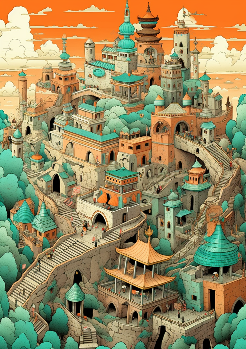 手绘希腊圣托里尼俯视角度建筑插画,插画/手绘图,插画/手绘图库,插画/手绘图下载,插画/手绘